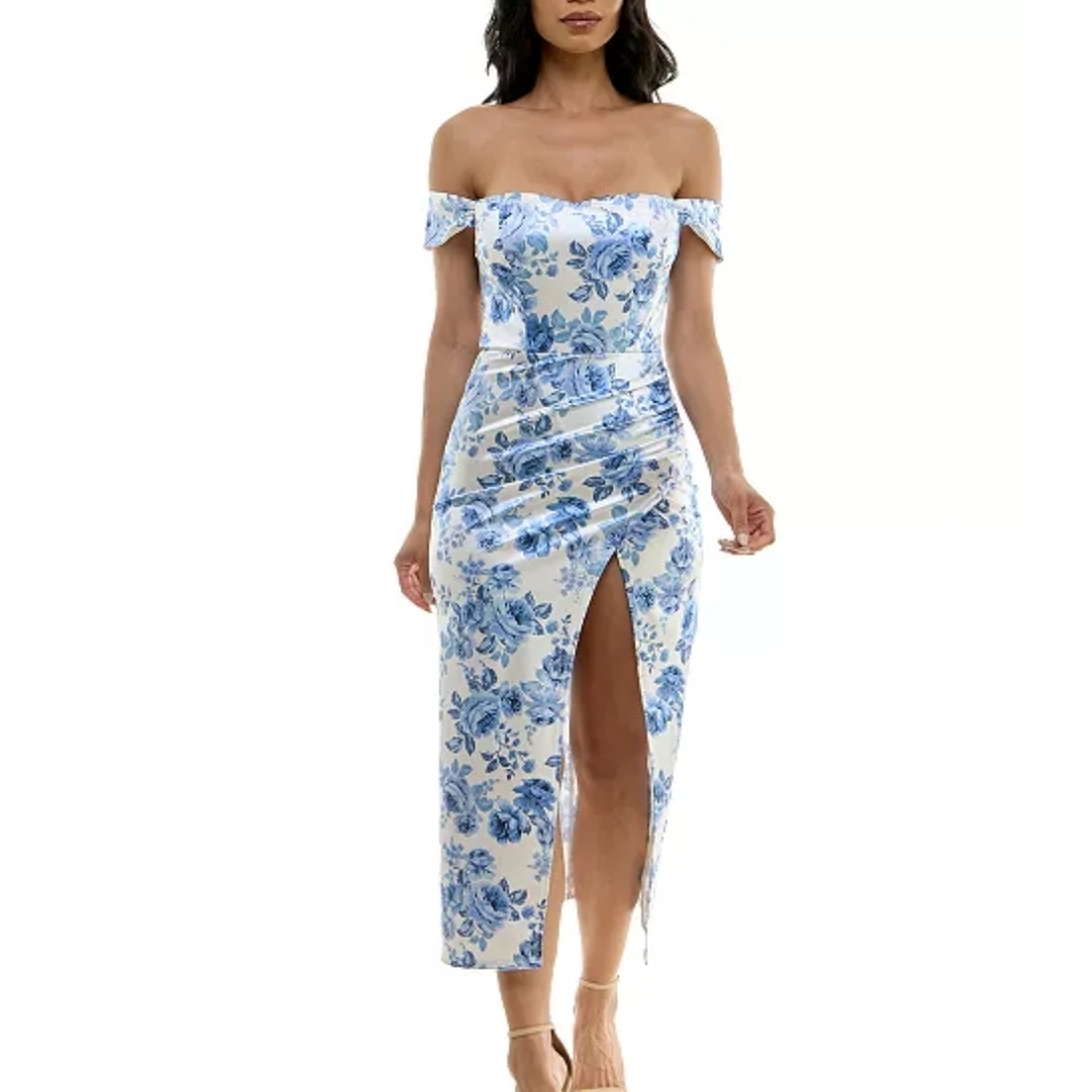 Speechless Floral Blue and White Ruched Mid Off-Shoulder Gown